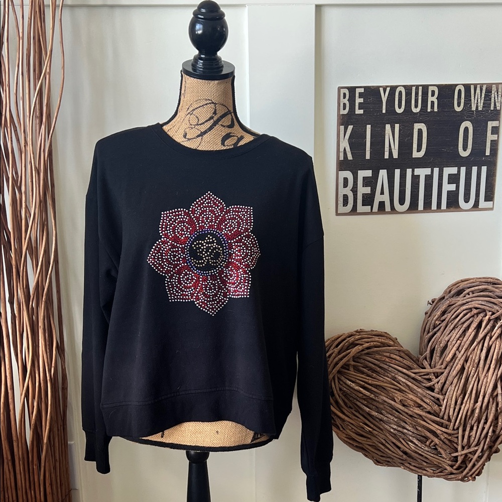 Black Sweatshirt with Red and White Rhinestone Floral Design